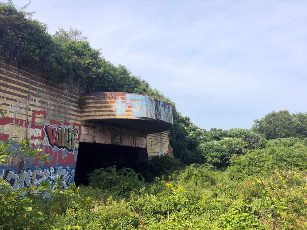 The graffiti-covered concrete WWII bunker at Battery Steele on Peaks Island
